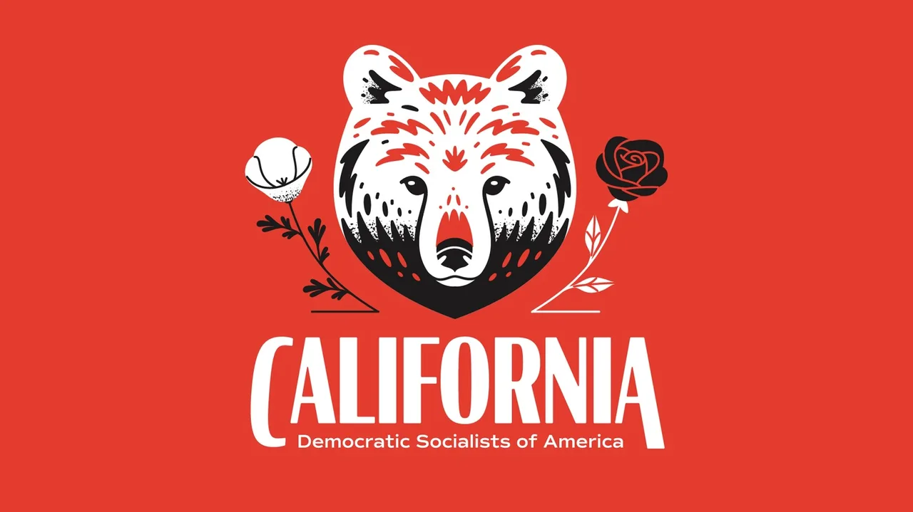 California DSA logo: a stylized bear between a white poppy and a black rose