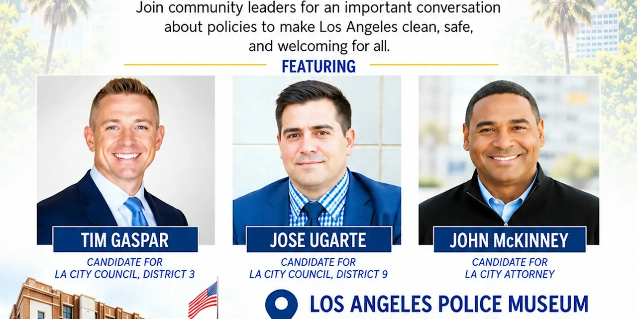 Flyer for a community conversation featuring Tim Gaspar, Jose Ugarte and John McKinney at the Los Angeles Police Museum